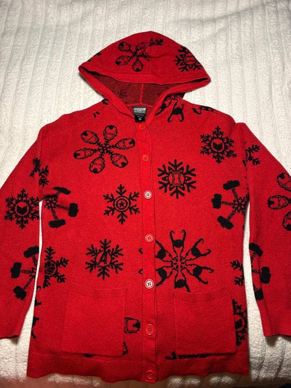Marvel Avengers Red Hooded Cardigan with Black Snowflake Motif